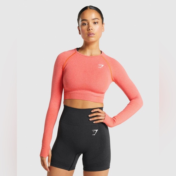 Gymshark Vital Seamless Long Sleeve Crop Top in Coral - Picture 3 of 5